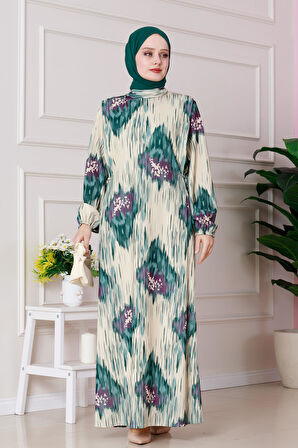 Sofia Desenli Yanı Bağlamalı Elbise-Yeşil