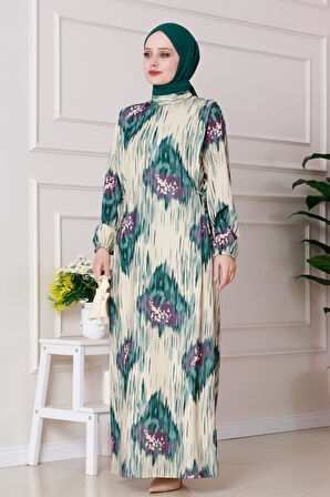 Sofia Desenli Yanı Bağlamalı Elbise-Yeşil