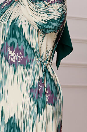 Sofia Desenli Yanı Bağlamalı Elbise-Yeşil