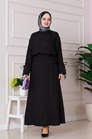 Darin Keten Eteği Bağlamalı Takım-Siyah