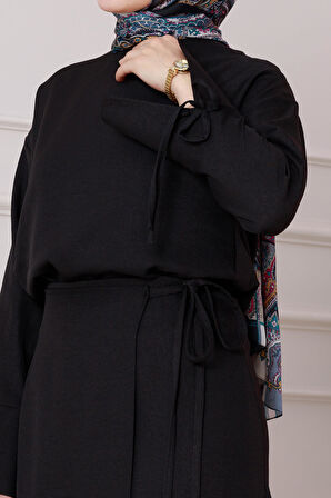 Darin Keten Eteği Bağlamalı Takım-Siyah