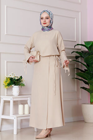 Darin Keten Eteği Bağlamalı Takım-Bej