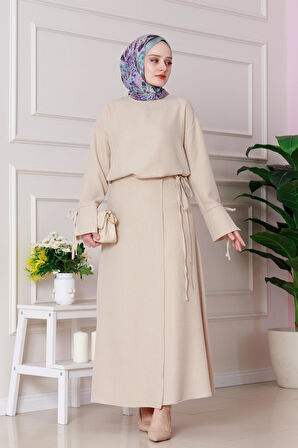 Darin Keten Eteği Bağlamalı Takım-Bej