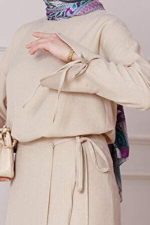 Darin Keten Eteği Bağlamalı Takım-Bej