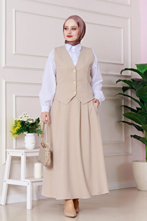 Cemre Yelekli İkili Takım-Bej