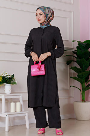 Yırtmaç Detaylı Tunik Pantolon Takım-Siyah