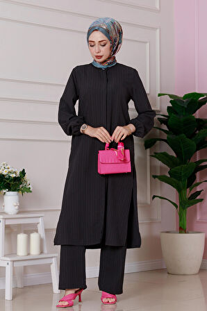 Yırtmaç Detaylı Tunik Pantolon Takım-Siyah