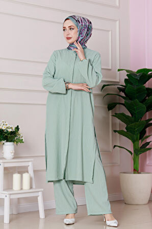 Yırtmaç Detaylı Tunik Pantolon Takım-Mint Yeşili