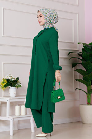 Yırtmaç Detaylı Tunik Pantolon Takım-Yeşil