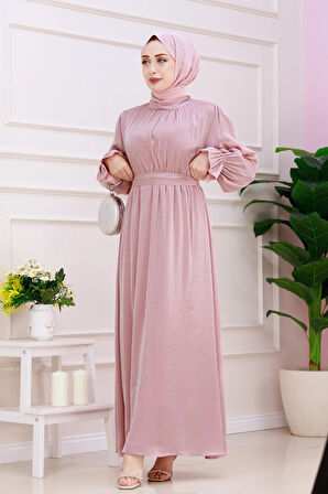 Kolu Volanlı Simli Alya Abiye-Pembe