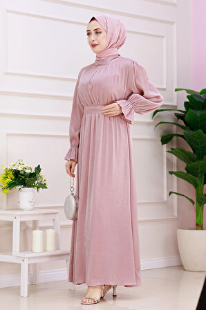 Kolu Volanlı Simli Alya Abiye-Pembe