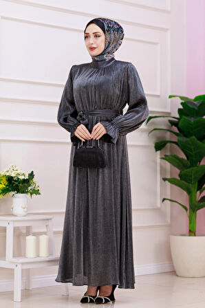 Kolu Volanlı Simli Alya Abiye-Antrasit