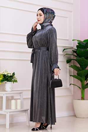 Kolu Volanlı Simli Alya Abiye-Antrasit