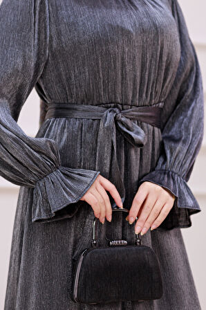 Kolu Volanlı Simli Alya Abiye-Antrasit