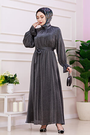 Kolu Volanlı Simli Alya Abiye-Antrasit