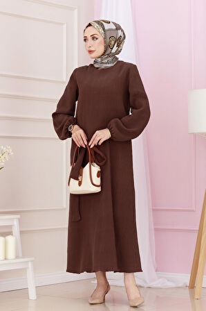 Beli Kuşaklı Luna Tesettür Elbise-Kahverengi