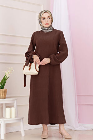 Beli Kuşaklı Luna Tesettür Elbise-Kahverengi