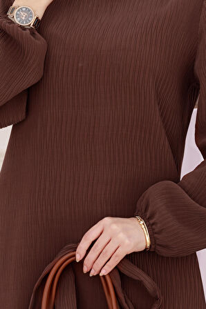 Beli Kuşaklı Luna Tesettür Elbise-Kahverengi