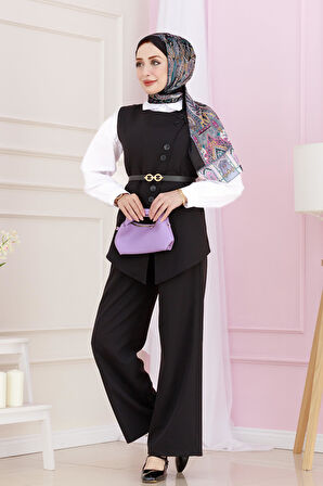 Dora Pantolonlu Yelekli Takım-Siyah