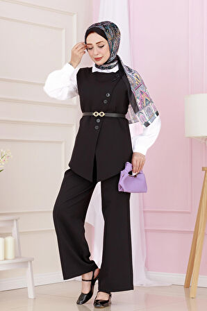 Dora Pantolonlu Yelekli Takım-Siyah