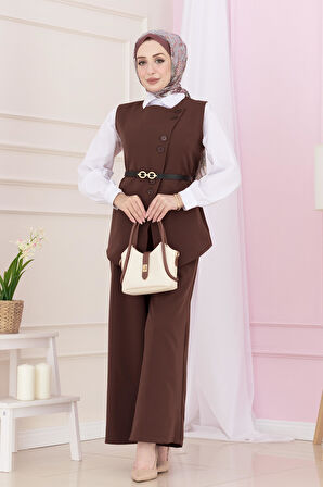 Dora Pantolonlu Yelekli Takım-Kahverengi