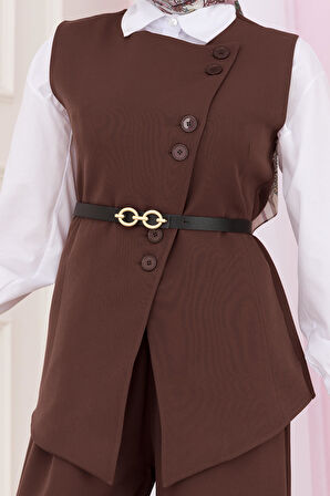 Dora Pantolonlu Yelekli Takım-Kahverengi