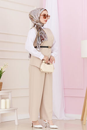 Dora Pantolonlu Yelekli Takım-Bej