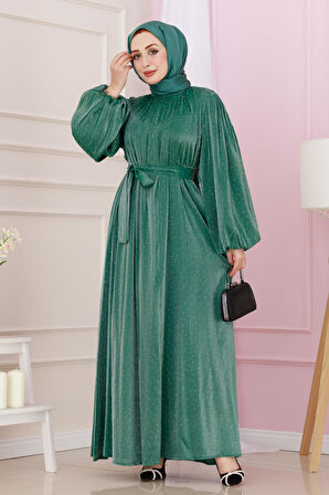 Balon Kol Taşlı Şimal Abiye-Zümrüt Yeşili