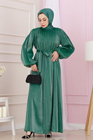 Balon Kol Taşlı Şimal Abiye-Zümrüt Yeşili