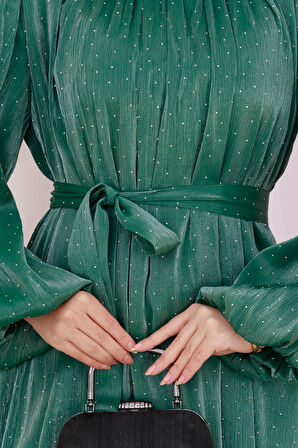 Balon Kol Taşlı Şimal Abiye-Zümrüt Yeşili