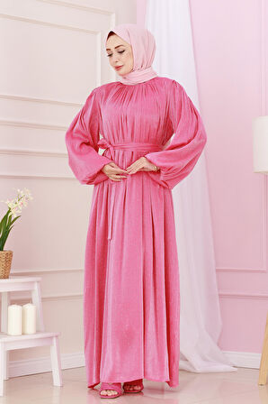 Balon Kol Taşlı Şimal Abiye-Fuşya