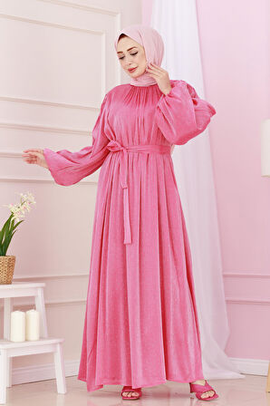 Balon Kol Taşlı Şimal Abiye-Fuşya