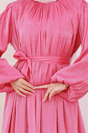 Balon Kol Taşlı Şimal Abiye-Fuşya