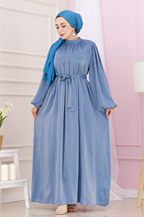 Balon Kol Taşlı Şimal Abiye-İndigo