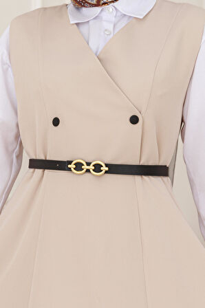 Düğme Detaylı Kemerli Jile-Bej