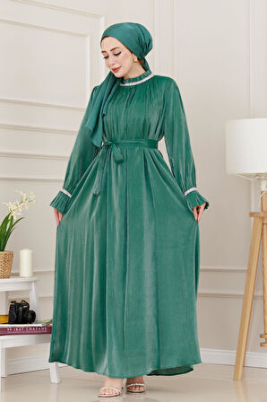 Simli Taşlı Abiye Elbise-Yeşil