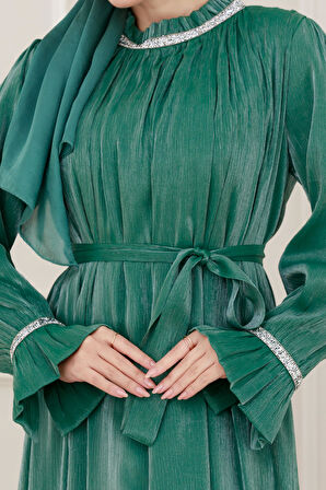 Simli Taşlı Abiye Elbise-Yeşil