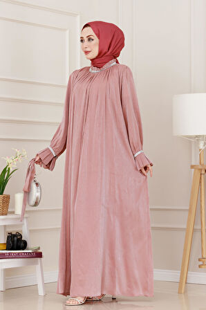 Simli Taşlı Abiye Elbise-Pembe