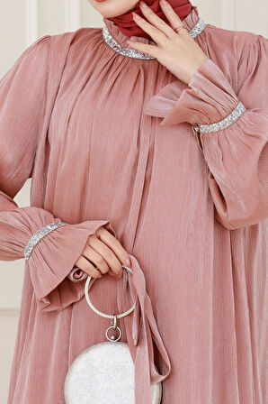 Simli Taşlı Abiye Elbise-Pembe