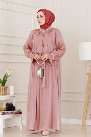 Simli Taşlı Abiye Elbise-Pembe