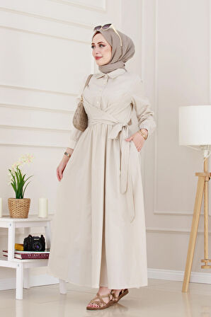Belden Bağlamalı Mina Elbise-Bej