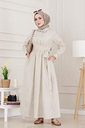 Belden Bağlamalı Mina Elbise-Bej