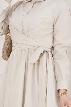 Belden Bağlamalı Mina Elbise-Bej