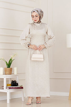 Banu Yanı Bağcıklı Saten Abiye-Bej