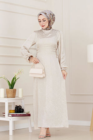 Banu Yanı Bağcıklı Saten Abiye-Bej