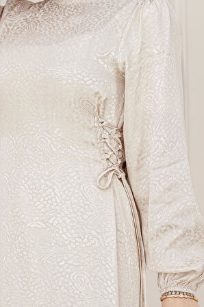 Banu Yanı Bağcıklı Saten Abiye-Bej