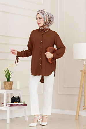 Taş Detaylı Hilal Tunik-Kahverengi