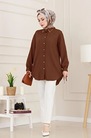 Taş Detaylı Hilal Tunik-Kahverengi