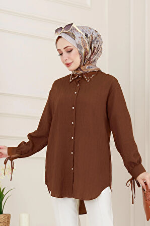 Taş Detaylı Hilal Tunik-Kahverengi