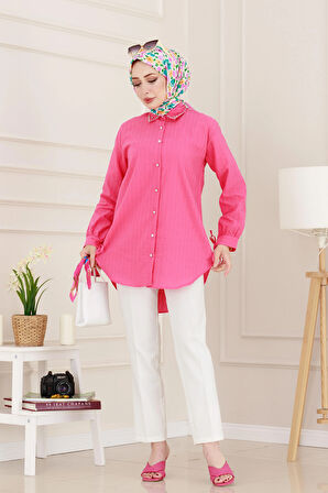 Taş Detaylı Hilal Tunik-Fuşya